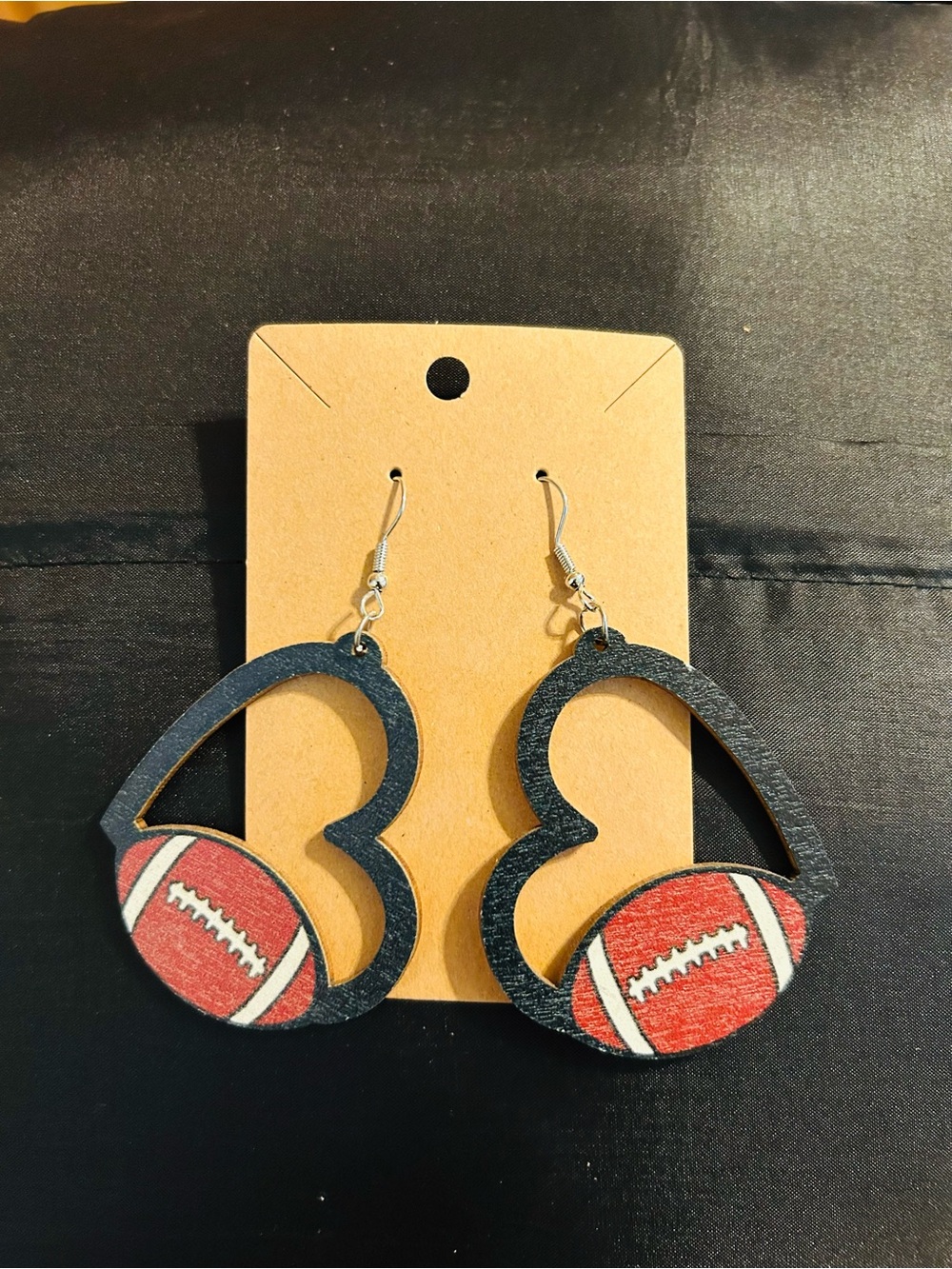 Women’s Black Heart Earrings with Red Football Accent